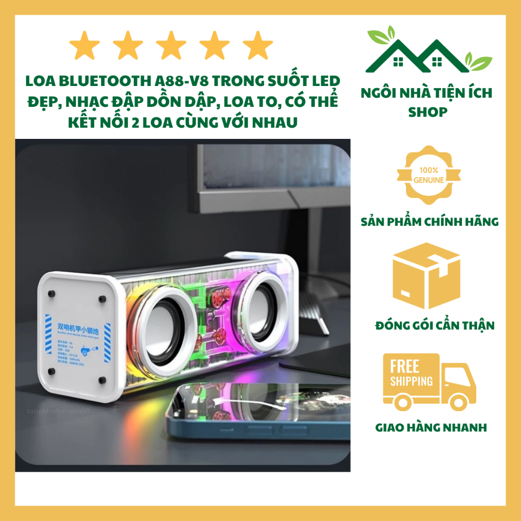 Loa Bluetooth A88-V8 Trong Suốt Led Đẹp, Nhạc Đập Dồn Dập, Loa To,Có Thể Kết Nối 2 Loa Cùng Với Nhau