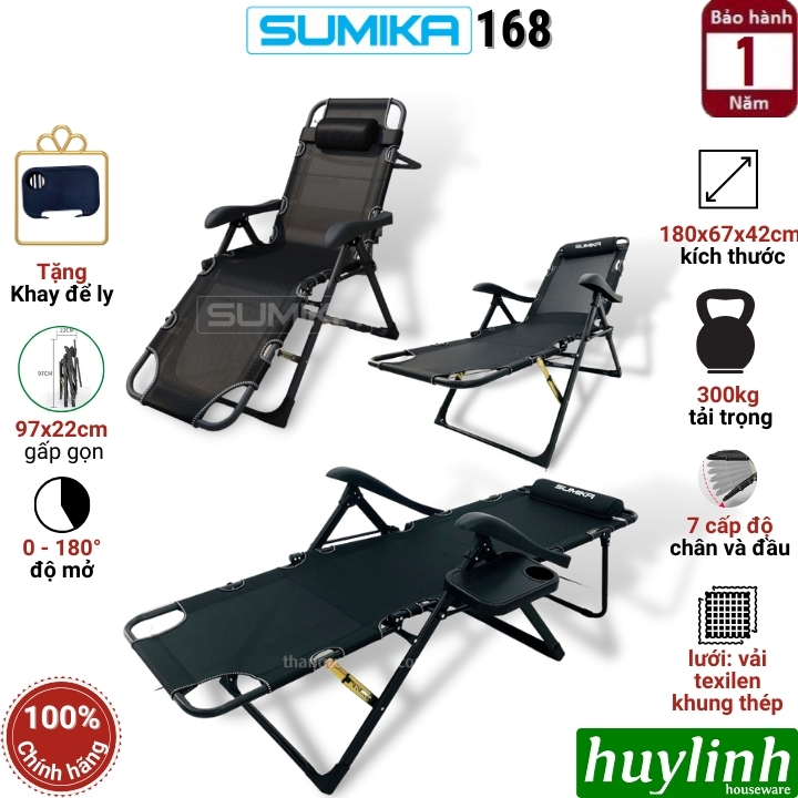 Giường - ghế xếp gấp thư giãn Sumika 168 - Tặng khay để ly - Tải trọng 300kg