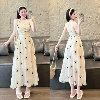  Đầm váy nữ hở lưng quyến dũ họa tiết nhún ngực cột nơ sau ( có lót, có mút ngực ) phối tơ xốp hoa đi chơi đi biển