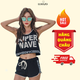 Bikini set 3 chi tiết LUHAZO phong cách thể thao đi biển cho nữ áo croptop áo bra kèm quần đùi áo lưới 22092 D-18.1