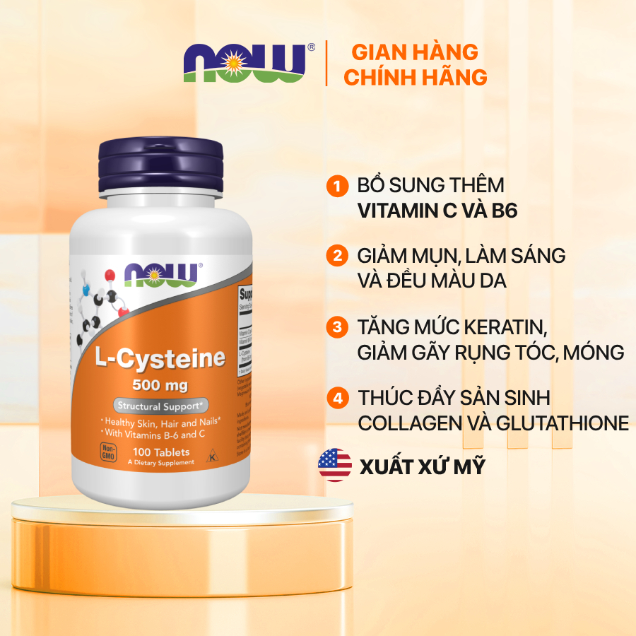 Viên uống L-cystine with vitamin C, B6 Now (100 viên) hỗ trợ đẹp da móng tóc, giảm thâm nám rụng tóc