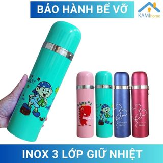 Bình nước giữ nhiệt nước nóng lạnh họa tiết dễ thương chất liệu inox 3 lớp cỡ 450ml mã 22001