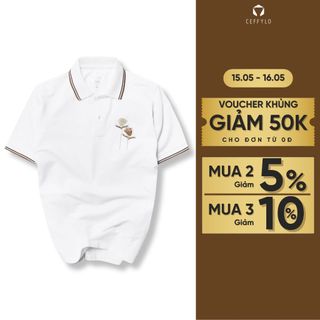 Áo polo nam màu trắng CEFFYLO thêu họa tiết form áo slimfit chất vải cotton mềm mại thoáng mát co giãn thời trang nam