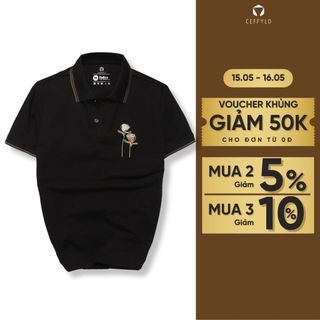 Áo polo nam màu đen CEFFYLO thêu họa tiết form áo slimfit chất vải cotton mềm mại thoáng mát co giãn thời trang nam