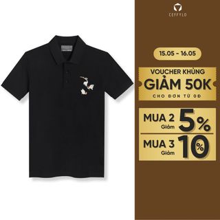 Áo polo nam màu đen CEFFYLO thêu họa tiết con hạc form áo slimfit chất vải cotton mềm mại thoáng mát thời trang nam