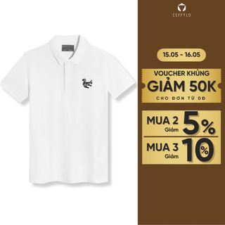 Áo polo nam màu trắng CEFFYLO thêu họa tiết con sóc form áo slimfit chất vải cotton mềm mại thoáng mát thời trang nam