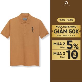 Áo polo nam màu nâu CEFFYLO thêu họa tiết mèo form áo slimfit chất vải cotton mềm mại thoáng mát co giãn thời trang nam