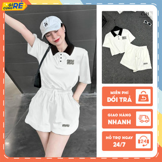 Set bồ quần áo nữ Miu đính đá áo thun polo tay gắn Mix quần đùi trắng C&H Clothing