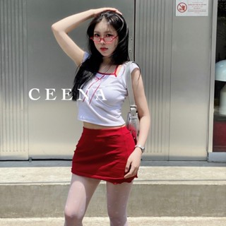 Ceena - Áo nữ kiểu tay ngắn cột dây trắng viền đỏ phong cách lolita, coquette đính nơ Women
