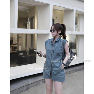 Set jean kẻ độn vai Kiều Trang