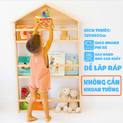Kệ Đựng Đồ Chơi Gỗ Giá Sách Treo Tường Hình Mái Nhà Không Khoan Tường Giúp Tối Ưu Không Gian Phòng Trẻ Em