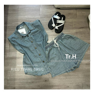 Set jean kẻ độn vai Kiều Trang[ Sẵn Ship]
