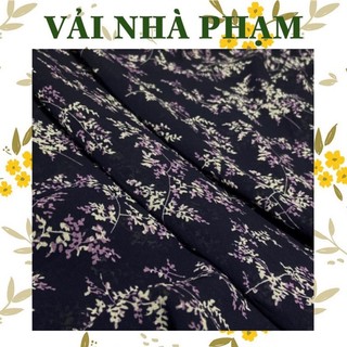 Vải voan lụa họa tiết cành lá nền xanh đen-khổ 1.5m-vải nhà phạm