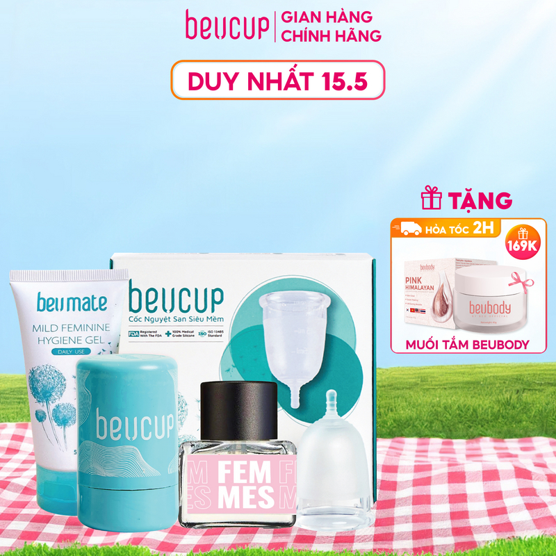 Combo 1 cốc nguyệt san BeUcup silicol y tế siêu mềm chuẩn FDA Hoa Kỳ + 1 Nước hoa vùng kín Inner Perfume FEMMES