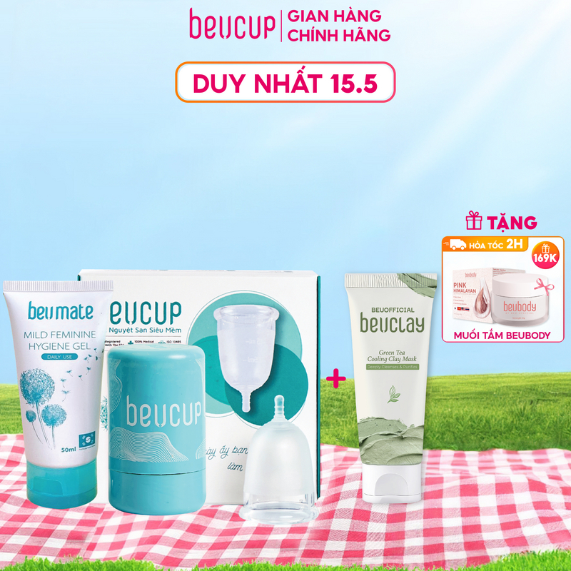 Combo Cốc nguyệt san BeUcup + 1 tuýp mặt nạ đất sét BeUclay trà xanh sáng da, se khít lỗ chân lô