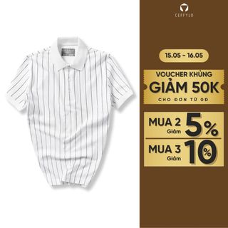 Áo polo nam CEFFYLO Họa Tiết Kẻ Sọc màu trắng chất cotton thoáng khí mềm mịn hạn chế nhăn dáng ôm nhẹ thời trang nam