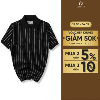 Áo polo nam CEFFYLO Họa Tiết Kẻ Sọc màu đen chất cotton thoáng khí mềm mịn hạn chế nhăn dáng ôm nhẹ thời trang nam