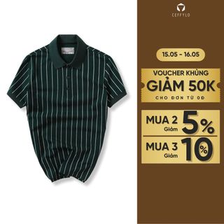 Áo polo nam CEFFYLO Họa Tiết Kẻ Sọc màu xanh rêu chất cotton thoáng khí mềm mịn hạn chế nhăn dáng ôm nhẹ thời trang nam