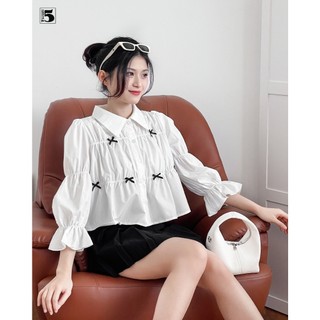 Áo sơ mi nữ Twentyfive dài tay bèo nhún nhiều tầng, đính nhiều nơ AH34