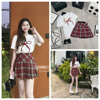 Set áo phông nơ mix cv caro đỏ hot hit Áo cotton 2c mềm mát, nơ thêu nổi nét căng Cv caro xếp ly mềm đẹp,