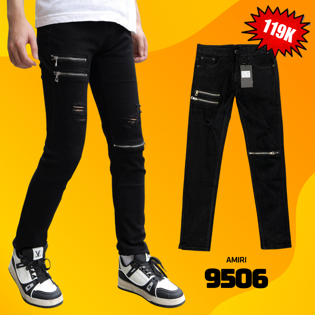 Quần jean nam Amiri, quần jean rách gối Amiri dáng côn hàng Quàng Châu, quần bò nam đen Amiri skinny quảng châu 9506