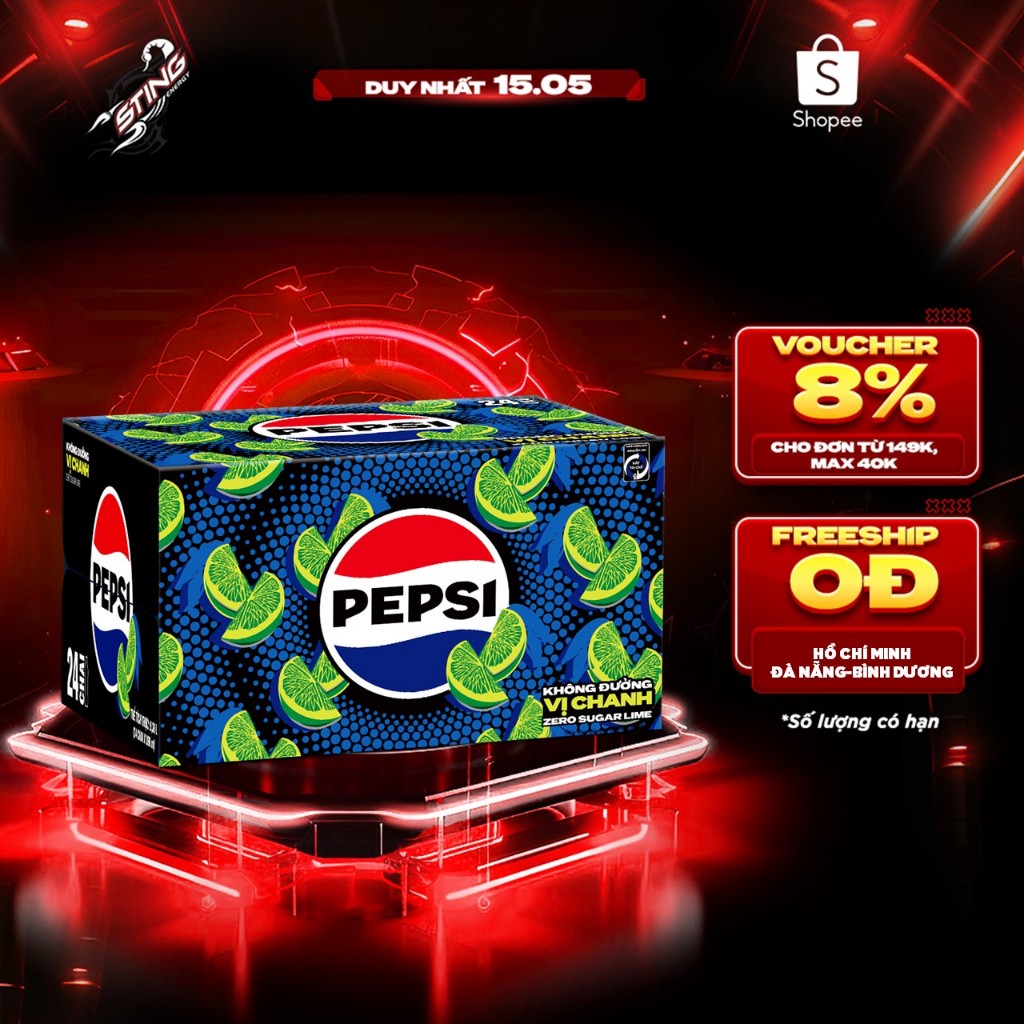 Thùng 24 Chai Nước Ngọt Có Gaz Pepsi Vị Chanh Không Calo (390ml /chai)