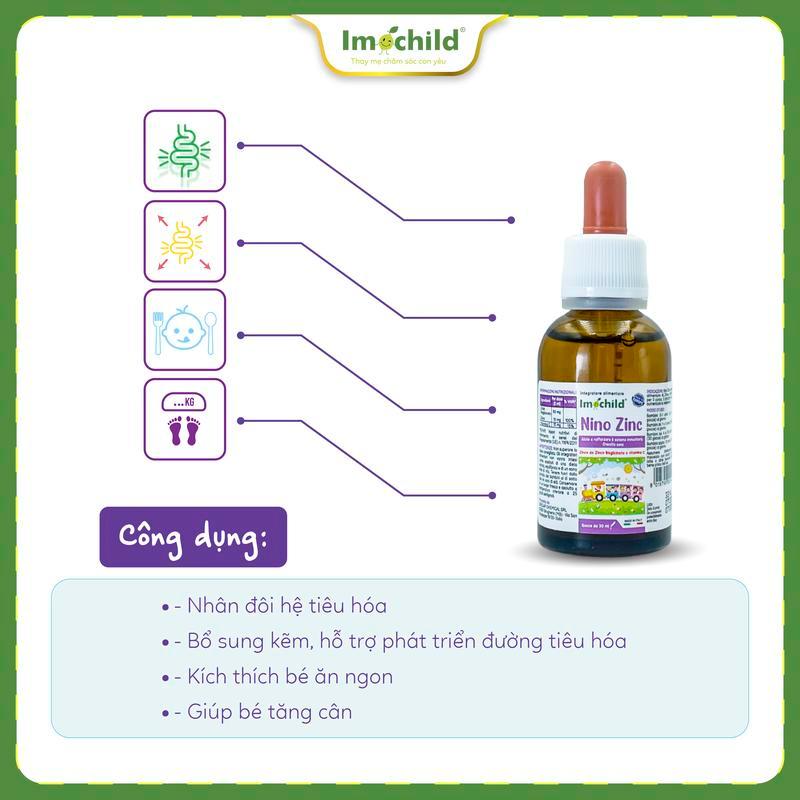 Imochild kẽm hữu Cơ Nino Zinc cho bé bổ sung vitamin C giúp hỗ trợ tăng cường đề kháng, ăn ngon 30ml