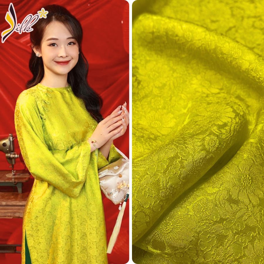 Lụa may áo dài - SILK – hoa cúc màu xanh cốm – CU08