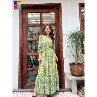 Đầm Maxi Cổ V Luxury Tay Dài Nhún Bèo Họa Tiết Hoa Lá Xanh Mềm Mại( Hàng thiết kế By Maxi Đẹp S M L đến 70kg)