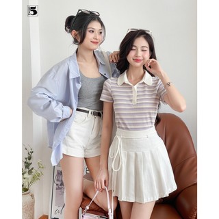 Áo thun nữ Twentyfive ngắn tay kẻ, cổ polo, 3 cúc cài, phối cổ AA18