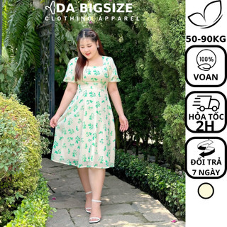 Dabigsize - Đầm Bigsize Nữ , Váy Cổ Vuông Hoa Kiểu Dáng Xòe Chất Voan 2 Lớp Mềm Mịn Dành Cho Người Mập 50-90kg