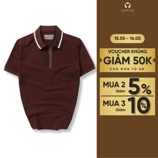 Áo polo nam CEFFYLO Nẹo Kẻ Sọc màu nâu chất cotton co giãn hạn chế nhăn mềm mịn thoáng khí form slimfit thời trang nam