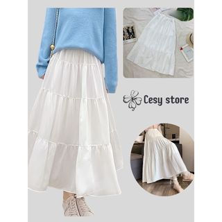 Chân váy midi dáng dài Cesy, chân váy dài 3 tầng xoè vải thô mềm 282
