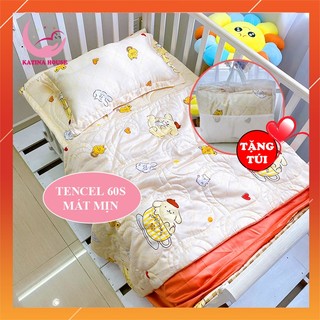 Bộ nệm gối chăn cho bé cao cấp, vải tencel 60s gòn lông vũ êm ái, bóng mượt mát lạnh