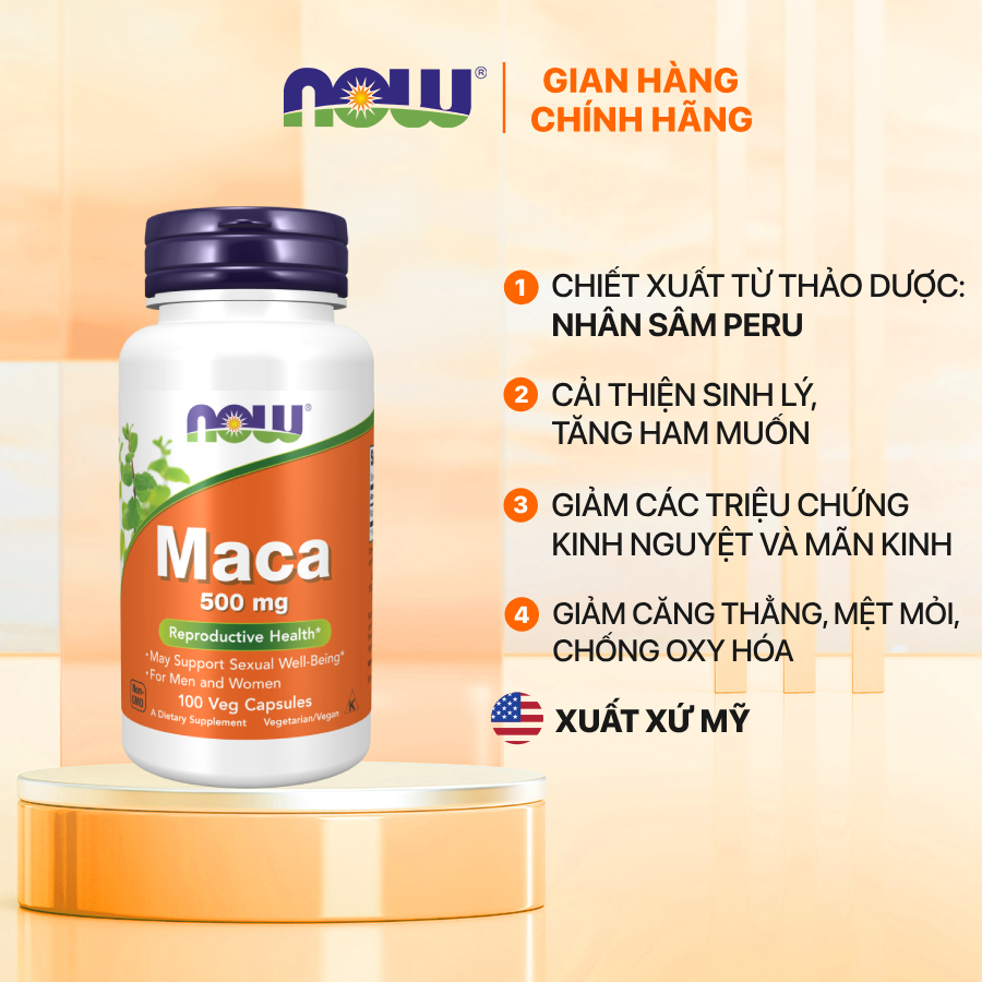 Viên uống hỗ trợ sinh lý Now Maca 500mg của Mỹ, tăng cường sinh lực, cân bằng hormone nam nữ