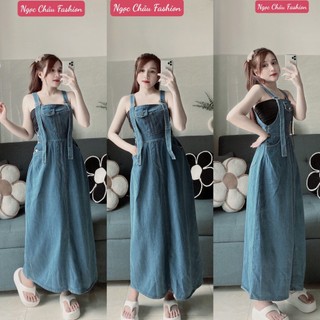Set yếm jean dài có túi  dáng xòe có dây tăng đưa kèm áo ống đen màu xanh form 38-53kg