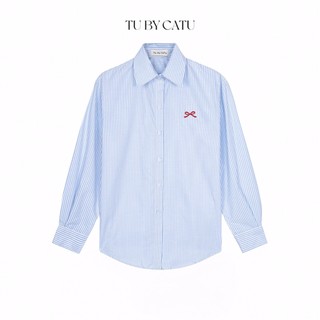 Tubycatu | áo sơ mi sọc xanh/ trắng nơ đỏ