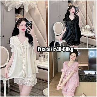  Đồ ngủ mặc nhà - pijamas đùi tiểu thư lụa xước trơn xinh xắn
