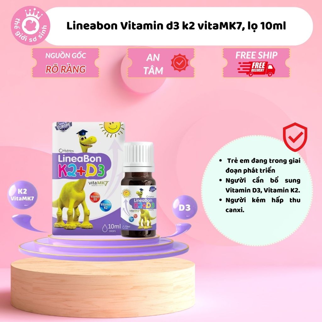 Lineabon d3 k2 Vitamin d3 k2 mk7 Vitamin d3 cho trẻ sơ sinh Canxi d3k2 Lọ 10ml