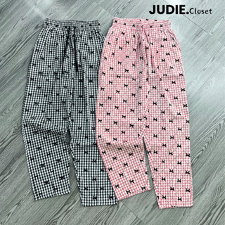 Quần Baggy Nữ Ống Đứng Dáng Lửng,Quần Lửng Chất Thô Nhăn Mềm Hoạ Tiết Kẻ Caro In Nơ Cạp Chun Co Dãn JUDIE.Closet