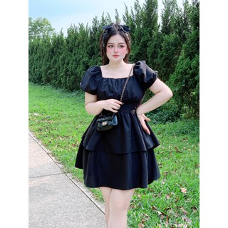 Váy đầm dáng xoè 2 tầng ngắn tay cổ vuông lưng bo chun buộc nơ eo sau bigsize mã V68