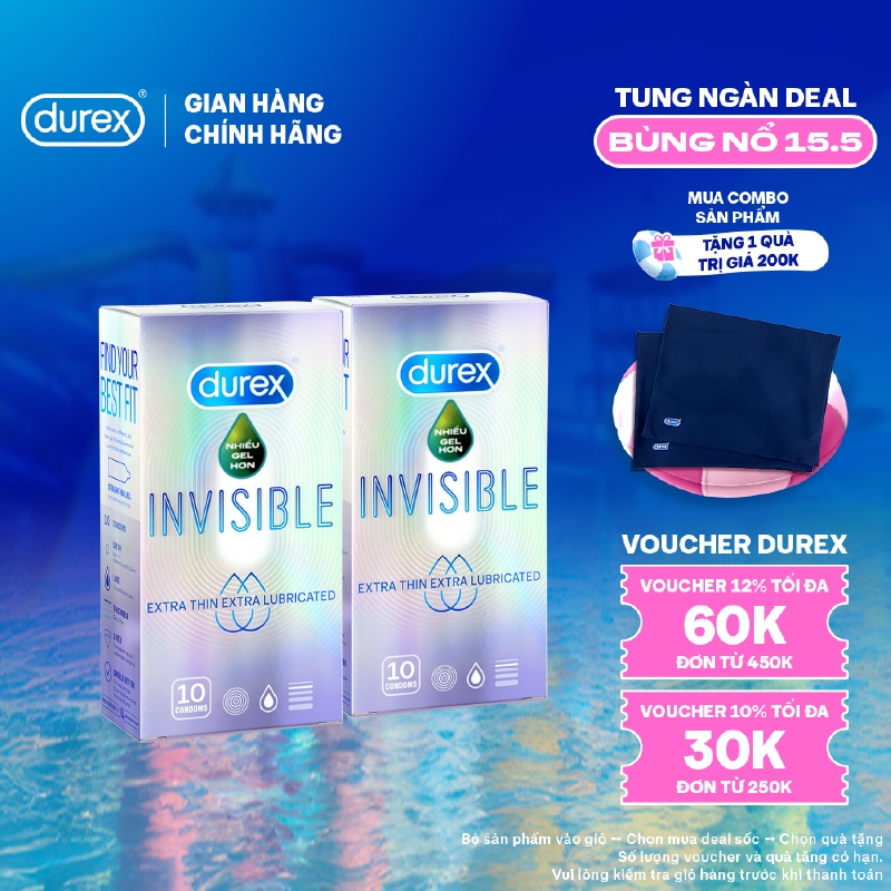 COMBO 2 HỘP BAO CAO SU DUREX INVISIBLE LUBRICATED SIÊU MỎNG, THÊM GEL BÔI TRƠN (HỘP 10 BAO; SIZE 52MM)