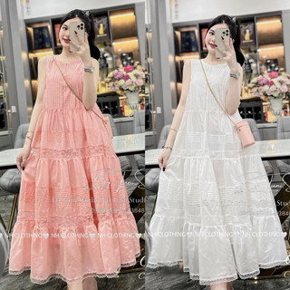 Váy xuông thiết kế [NH Clothing chuẩn] mềm mại tiểu thư đũi tơ tầng viền ren cao cấp