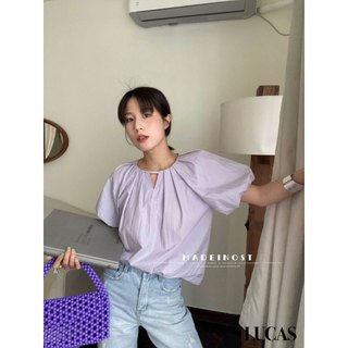 Áo sơ mi cổ tròn tay ngắn bồng dáng basic