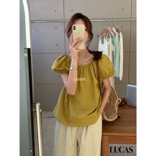 Áo sơ mi lemon cổ tròn tay ngắn bồng dáng suông basic