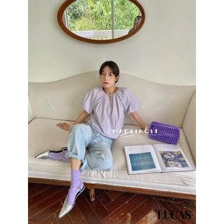 Áo sơ mi cổ tròn tay ngắn bồng dáng basic