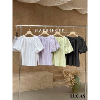 Áo sơ mi cổ tròn tay ngắn bồng dáng basic
