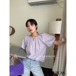 Áo sơ mi cổ tròn tay ngắn bồng dáng basic