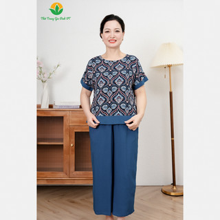 Đồ bộ lanh trung niên thời trang Việt Thắng, quần lửng, áo cộc tay gấu áo phối màu - B08.2412