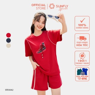 Bộ đồ nữ SUNFLY chất thun tổ ong hoạ tiết in áo cộc quần sooc SFB3042